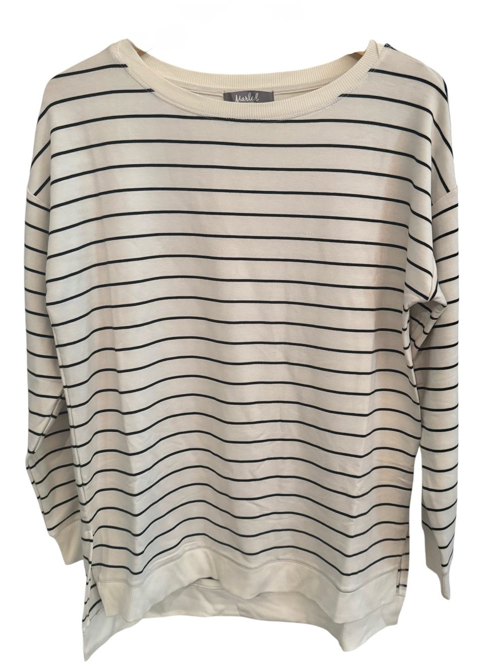 Marled M Striped Cream and Black Boxy Striped Drop Shoulder Long Sleeve Top